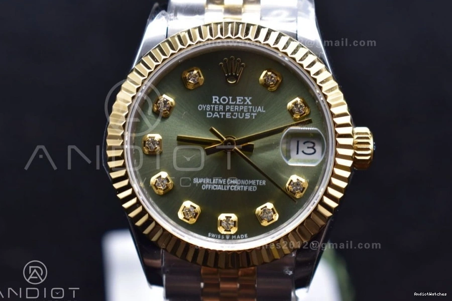 on and Ladies Syle Bezel WF Comfortable Markers Bracelet Steel Dial DateJust President Fluted Green 316L 31 278289 553 0413